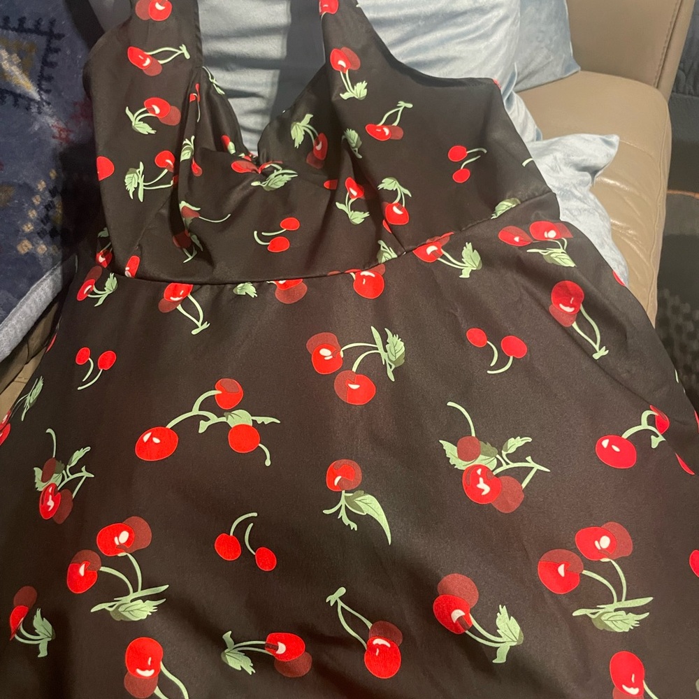 SHEIN Curve Black and Red Cherry Pattern Dress